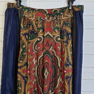 Vintage Leslie Fay Blue and Gold Hunting Print Midi Skirt womens S Scarf Paisley